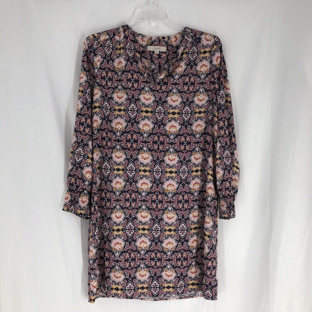 LOFT Shift Dress Women's Size Large Blue Pink Paisley Feminine V Neck